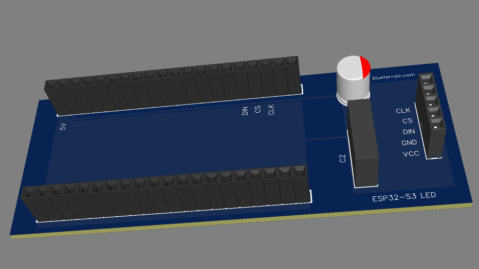 3D render of the custom PCB that carries the Freenove module and the MAX7219 matrix header on a single board.